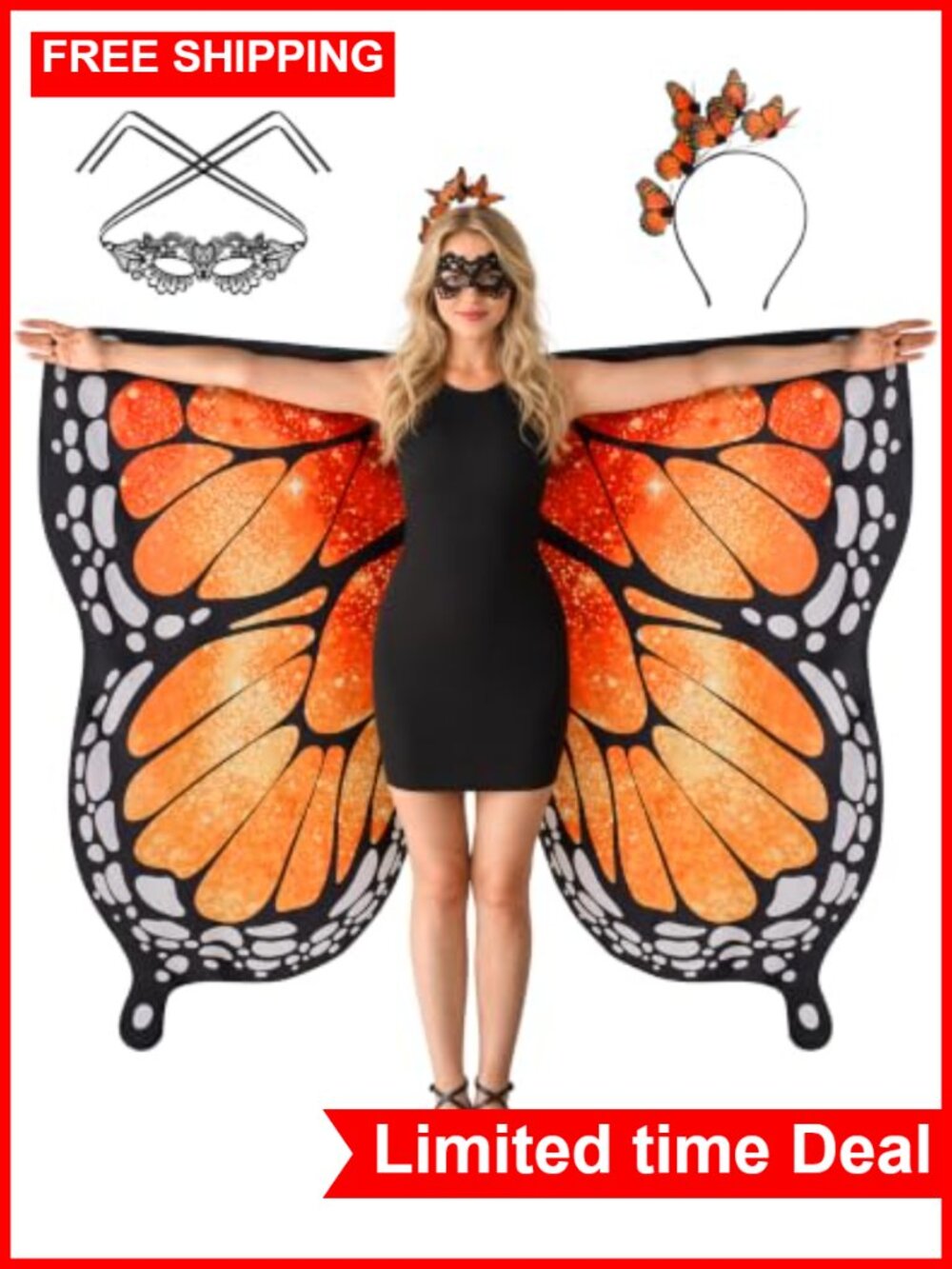 Butterfly Fairy Wings Costume with Mask and Headband, Adult Women